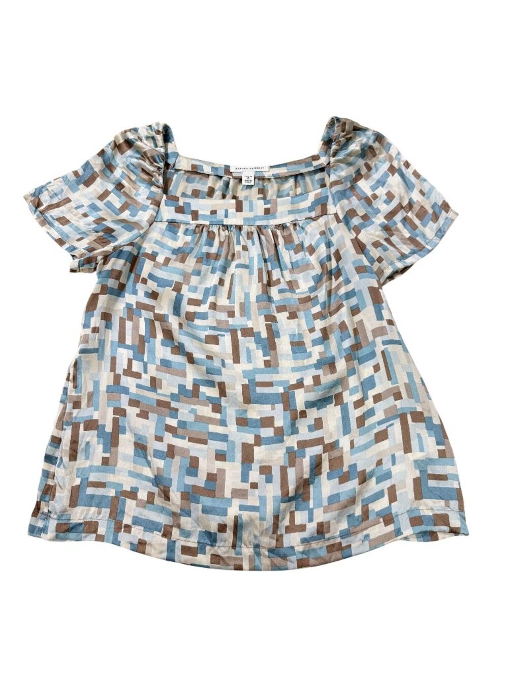 Vintage Y2K Banana Republic Women’s Blue Brown Geometric Silk Puff Sleeve Blouse